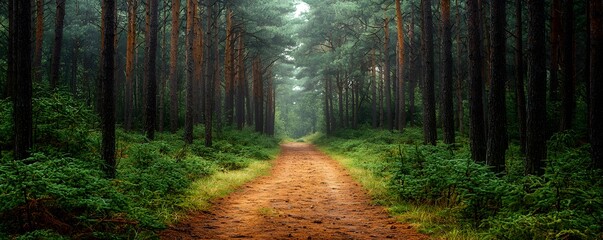 Tranquil forest pathway surrounded by towering pine trees, with a serene atmosphere and inviting natural beauty beckoning exploration.