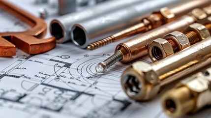 Naklejka premium Wrenches and bolts on top of an architectural drawing with a composition of construction technical equipment with slight metallic tones of copper and brass