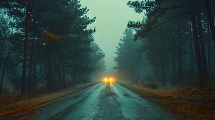 Obraz premium Headlights pierce through a foggy forest, a lonely road illuminated against a backdrop of tall pines cloaked in mist and mystery.