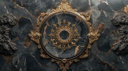 Fototapeta premium An ornate mirror is centered against a richly veined dark marble wall adorned with detailed carvings