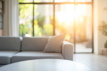 Blur living room at home with morning sunlight at big window for background usage. blur interior background concept. white, britht tone with generative ai