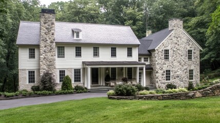 A two-story house with white siding, stone accents, and a slate roof. It has a large porch with stone pillars and a stone wall around the yard.