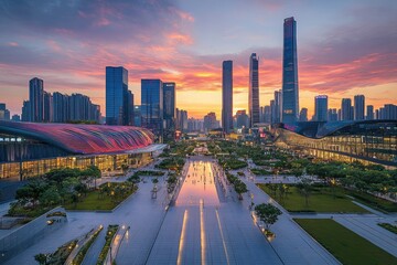 Fototapeta premium City square and skyline with modern buildings in Shenzhen at sunset, Guangdong Province, China with generative ai