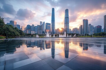 Obraz premium City square and skyline with modern buildings in Shenzhen at sunset, Guangdong Province, China with generative ai
