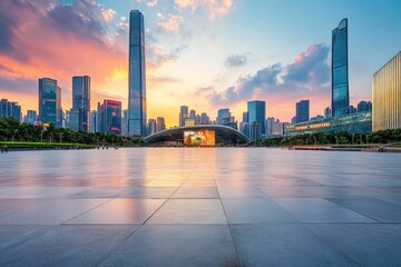 Obraz premium City square and skyline with modern buildings in Shenzhen at sunset, Guangdong Province, China with generative ai