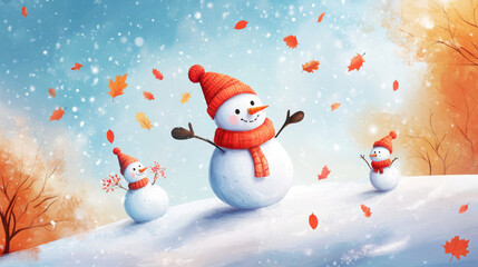 Fototapeta premium Illustrate the pleasure found in seasonal activities, such as building a snowman in winter, picking flowers in spring, sunbathing in summer, or enjoying the colorful leaves in autumn. 