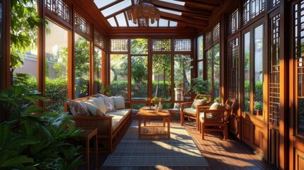Fototapeta premium Sunlit wooden porch with glass panels, furniture, and plants, creating a relaxing and inviting space.