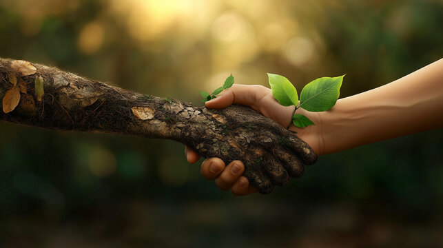 Close-up of two hands holding a tree branch with green leaves and organic soil, symbolizing nature conservation and eco-friendly collaboration in a forest environment. Earth Day banner design emphasiz