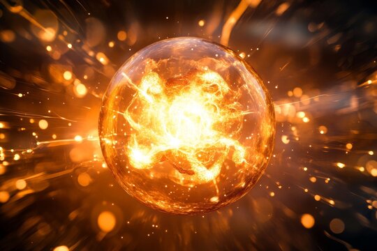 Macro shot of deuterium and tritium nuclei fusing to form helium and a neutron, illustrating the fusion process. High-resolution, detailed textures, crisp focus