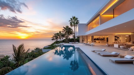 Fototapeta premium A modern white house with a large pool, palm trees, and lounge chairs in the foreground, overlooking a stunning sunset over the ocean.