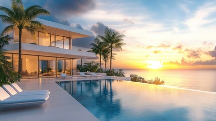 A modern white house with a large pool, palm trees, and lounge chairs in the foreground, overlooking a stunning sunset over the ocean.
