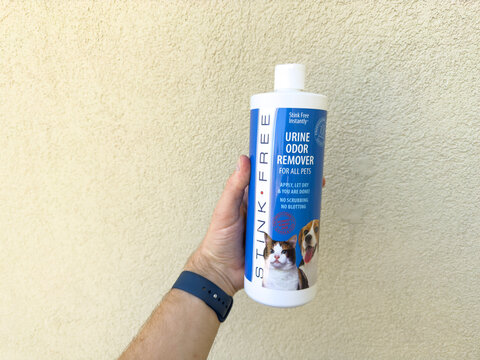 Rocco & Roxie Urine Odor Remover Bottle for Pets Held Against Wall


