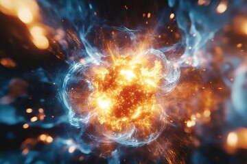 Obraz premium Close-up of a neutron produced by fusion escaping the reaction, highlighting the byproducts of the process. High-resolution, detailed textures, crisp focus