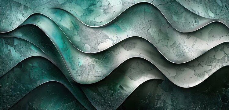 Abstract Background, layers of metallic silver forming a textured surface with gradients of deep teal green - Powered by Adobe