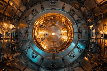 Portrait of an experimental fusion reactor during a test run, highlighting the equipment and setup. High-resolution, detailed textures, crisp focus