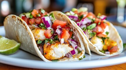 Close-up view of two fish tacos loaded with fresh toppings, served on a white plate, showcasing the vibrant colors and textures of this delicious dish.