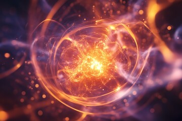 Obraz premium Close-up of a virtual reality simulation of a fusion reaction, illustrating how technology aids in understanding fusion. High-resolution, detailed textures, crisp focus