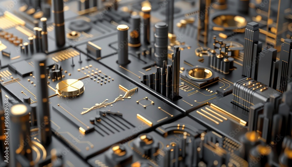 Aufkleber a sophisticated 3d abstract design showcasing data visualizations in muted gray and gold, where grap