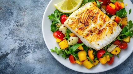 Top view of a spicy grilled cod fish fillet served with a fresh vegetable salad and lemon wedges on a white plate, offering a vibrant and healthy meal.