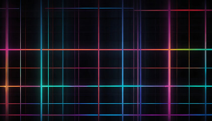 Obraz premium Retro 80s Style Digital Art with Neon Grid Patterns and Vibrant Colors on a Black Background, Featuring Generous Copy Space for Text or Informational Elements