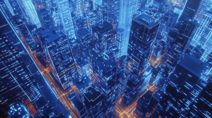 Aerial view of a digital city where streets are made of GDP data and skyscrapers symbolize major investments, urban economy, data visualization