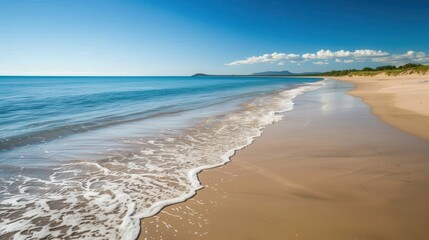 Fototapeta premium A beach background with a picturesque view of a sandy shore, gentle waves lapping at the edge, and a clear blue sky stretching out to the horizon, creating a sense of tranquility and relaxation