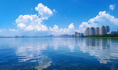 Obraz premium Reflection of water and city under blue sky and white clouds