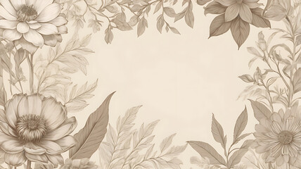 Vintage-Inspired Botanical Illustration with Detailed Floral Patterns and Soft Earth Tones on a Cream Background, Featuring Ample Copy Space for Text or Branding