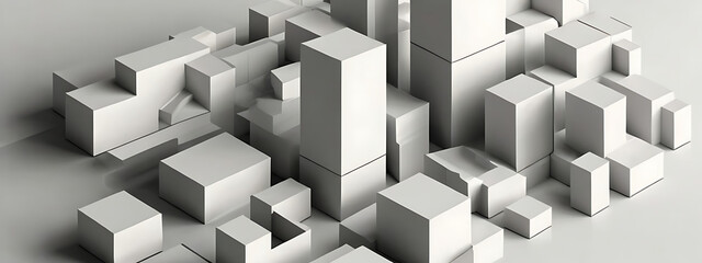 Obraz premium Minimalist 3D Geometric Shapes with Clean Shadows and Monochrome Colors on a White Background, Featuring Generous Copy Space for Text or Informational Details