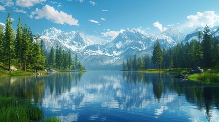 A nature scene showcasing a tranquil mountain lake surrounded by pine trees, the water perfectly reflecting the clear blue sky and the snowy peaks in the distance, creating a serene and peaceful