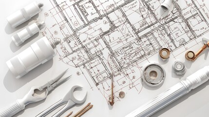 Various tools, including wrenches and gold nuts on a table of construction plan sheets, this visual composition symbolizes skills in home document repair work