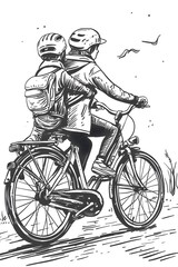 Obraz premium A Hand-Drawn Sketch of a Father and Son Riding a Bicycle Together, Embracing the Joy of Cycling and Bonding as They Pedal Along a Path, with the Wind Whispering Tales of Adventure
