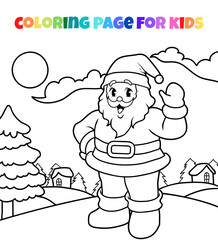 Happy santa claus with snow background outline coloring page