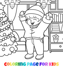 Happy children celebration christmas outline coloring page vector illustration