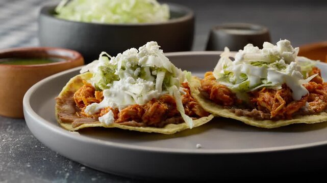 Mexican chicken tinga tostadas showing ingredients in the background, travel shot right