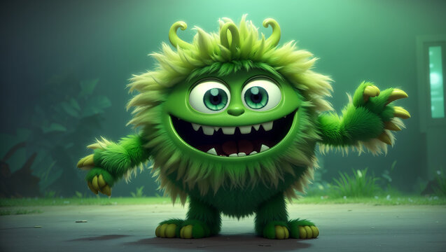 It's a cartoon green monster with big eyes and a wide smile, 