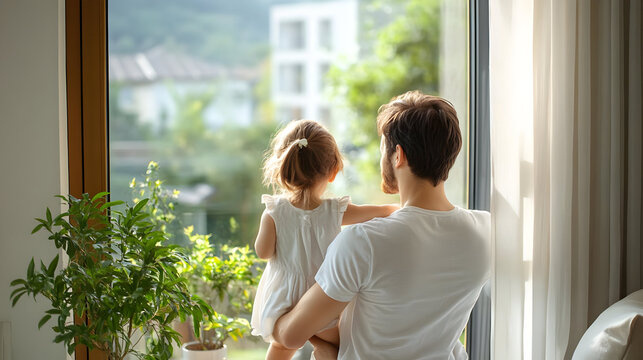Father and Daughter Looking Out Window - Realistic Photo