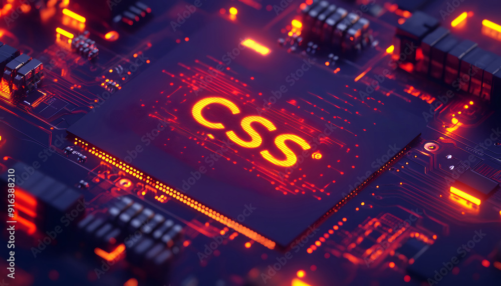 Poster a close-up view with the acronym css displayed on a microchip, representing the concept of cascading