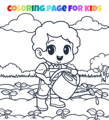 The boy is watering plants in the garden outline coloring page illustration