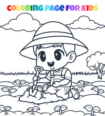 Children are planting in the garden outline coloring page illustration