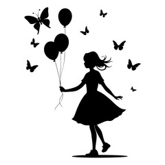 A girl is playing with a balloon silhouette vector illustration