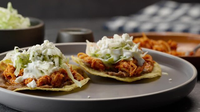 Mexican toasts on a gray plate, close up
