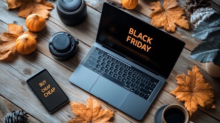  Laptop and Smartphone Displaying "Black Friday" Deals on Wooden Table Surrounded by Autumn Leaves and Pumpkins in Cozy Home Office Setting