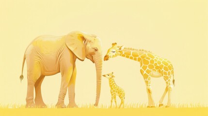 Fototapeta premium A young giraffe shares a tender moment with its mother and an elephant in a warm, tranquil environment