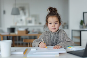 Girl doing a homework at home with a laptop on a desk