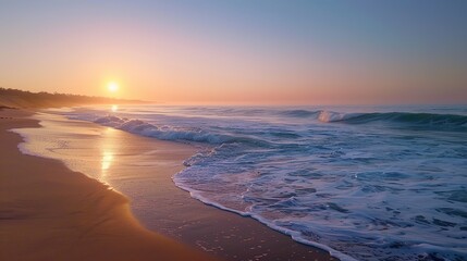 Sunrise Over a Sandy Beach with Waves Crashing Ashore