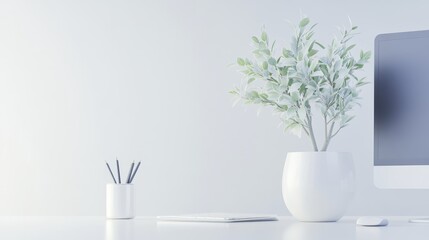 Minimalist Workspace with Green Plant