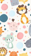 Cute animal faces in vibrant colors arranged with playful shapes create a joyful and lively atmosphere