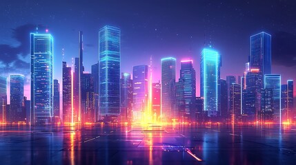 Dramatic cityscape panorama with illuminated skyscrapers towering above urban jungle