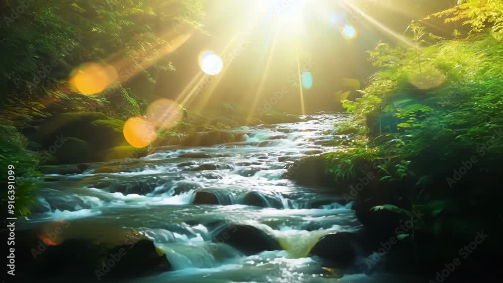 Poster a serene forest stream surrounded by lush greenery illuminated by the suns golden rays and adorned w